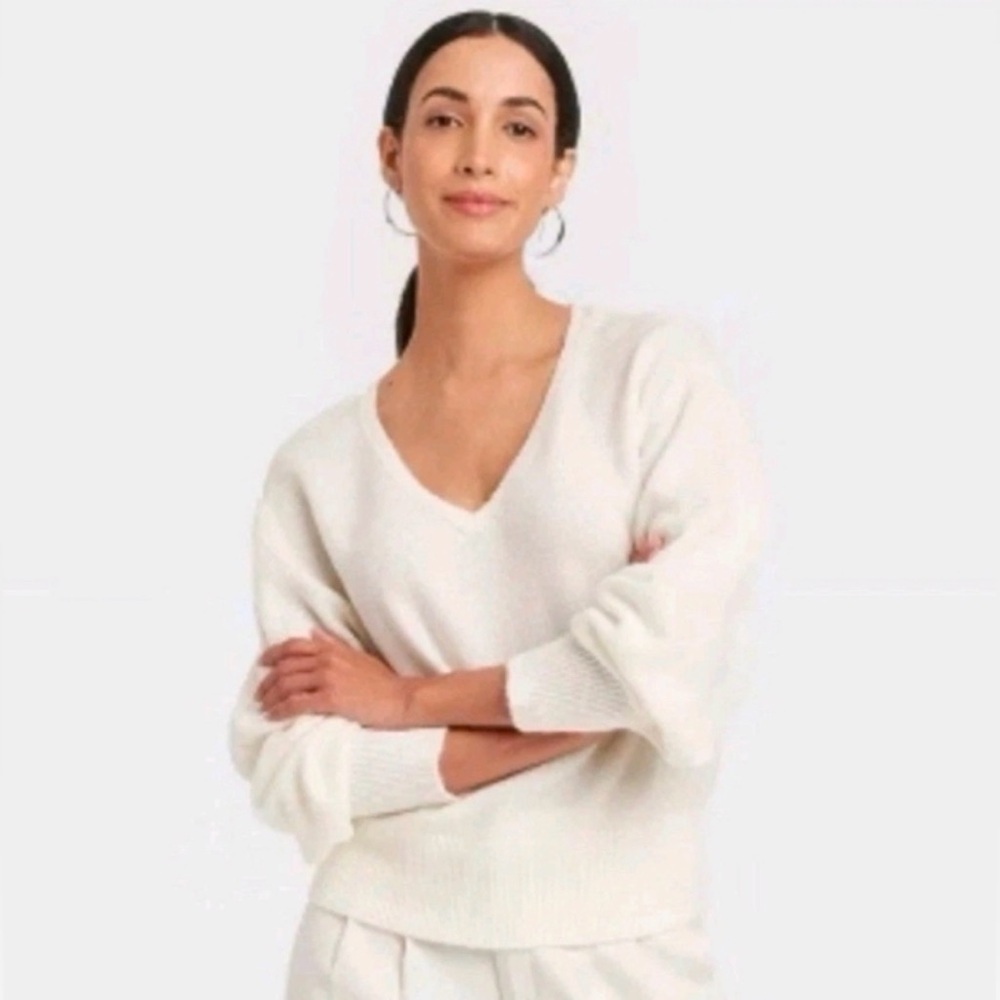 A New Day Women's Cozy Knit V-Neck Pullover Sweaters Cream & Gray - Picture 3 of 3